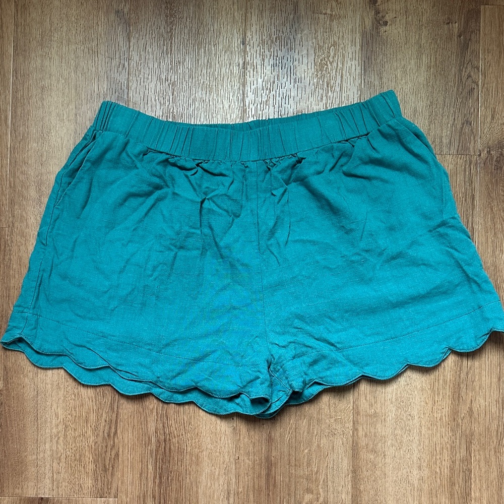 Umgee Women's Teal Linen Cotton Scallop Hem Pull On Shorts‎ Size L